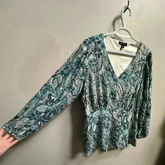 Lane Bryant Long Sleeve Peasant Top Blouse w/ Cinched Waist | Blue & Gold | 14 - Picture 9 of 12